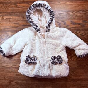 2T White Sherpa Fleece Hooded Jacket Leopard Print Trim Bows Zip Up Girls